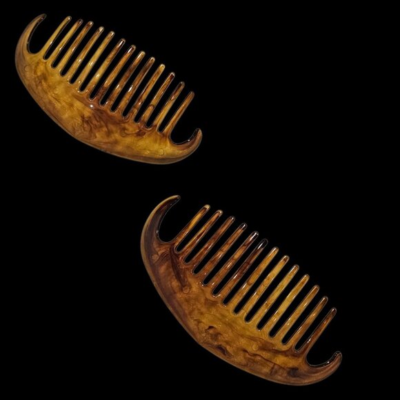 2 VTG Goody French Hair Combs Brown Faux Tourtoise Shell Amber Brown Twist Updo - Picture 1 of 10